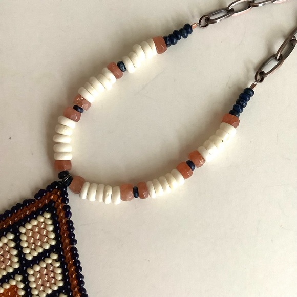 Sunstone and bone bead tribal pendant necklace in cream, royal blue - Picture 6 of 7